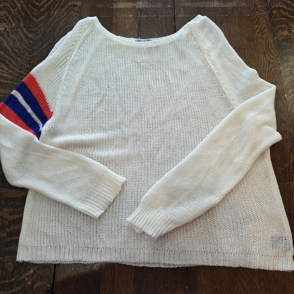POL‎ Women's crew lightweight sweater white waffle knit red/blue stripes M